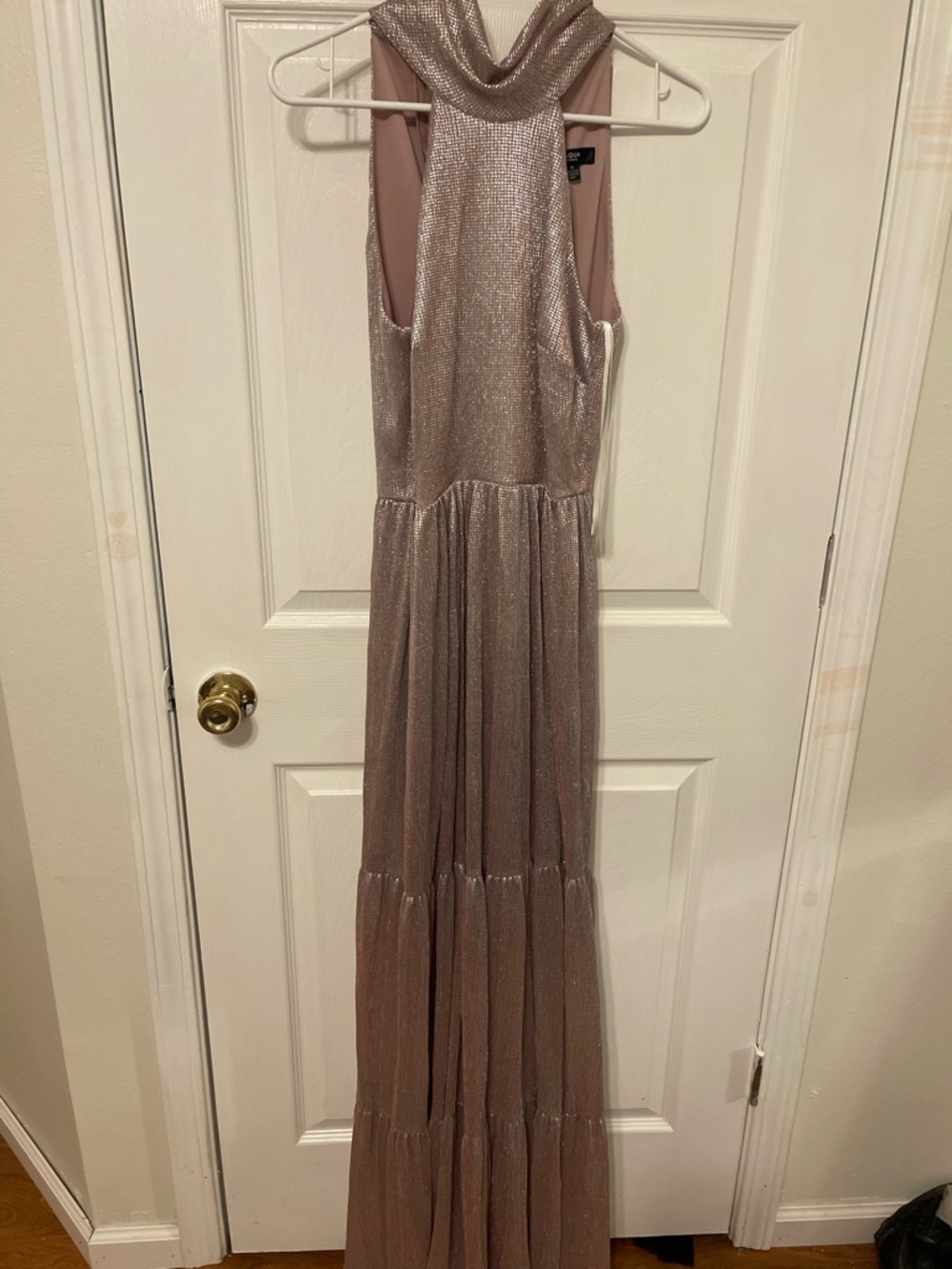 Aqua Shimmery Mauve Halter Maxi Dress